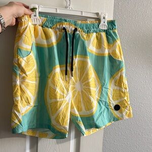 Men's Yellow & Teal Lemon Print Swim Trunks